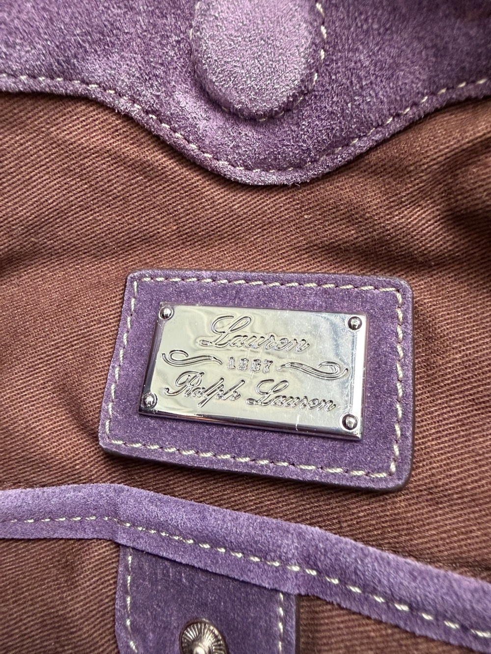 Lauren Ralph Lauren Putnam Signature Violet Purple Suede Leather Tote Bag Crest - Picture 4 of 16